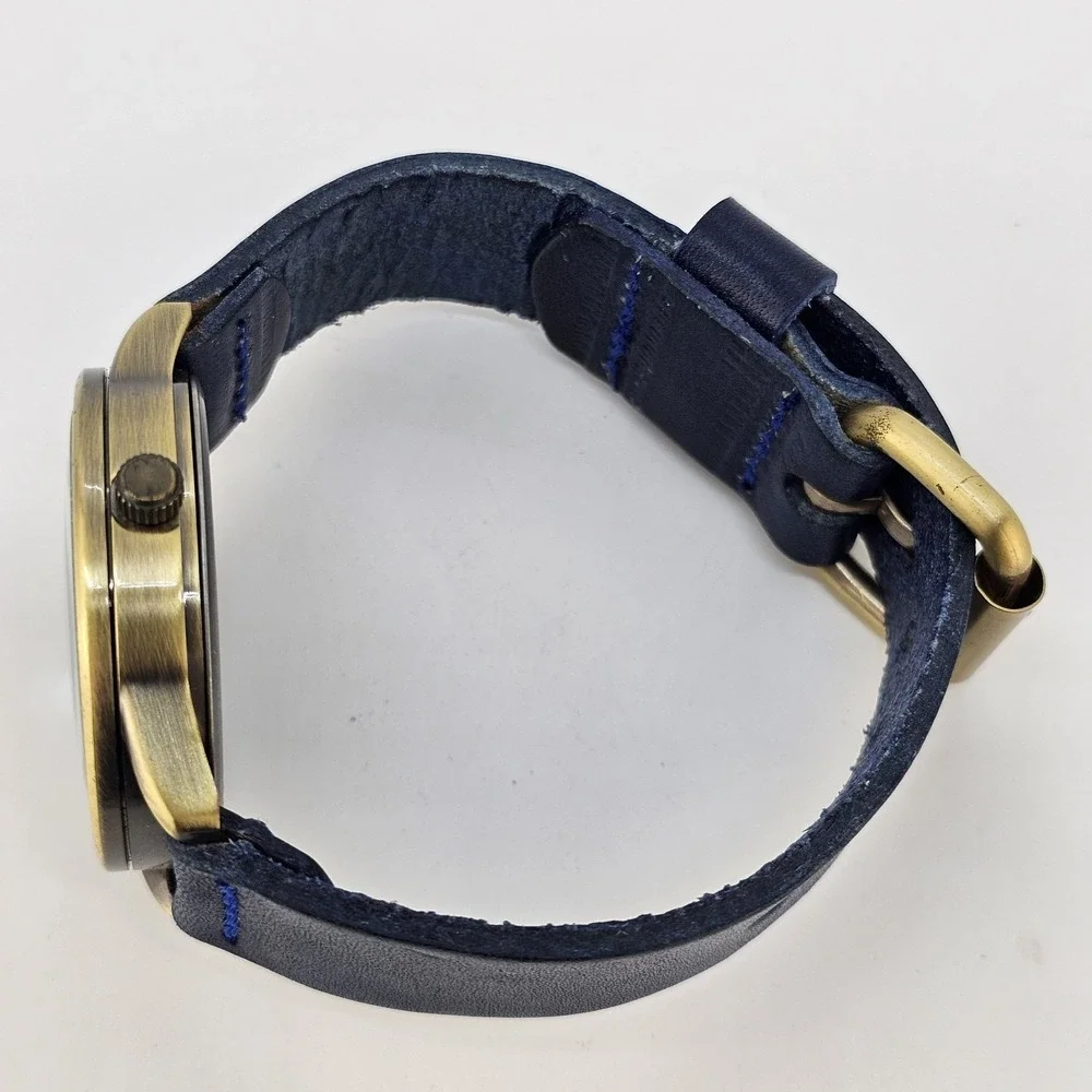 42MM Men's Analog Watch Gold Dial Dark‎ Blue Leahter Bands New Battery